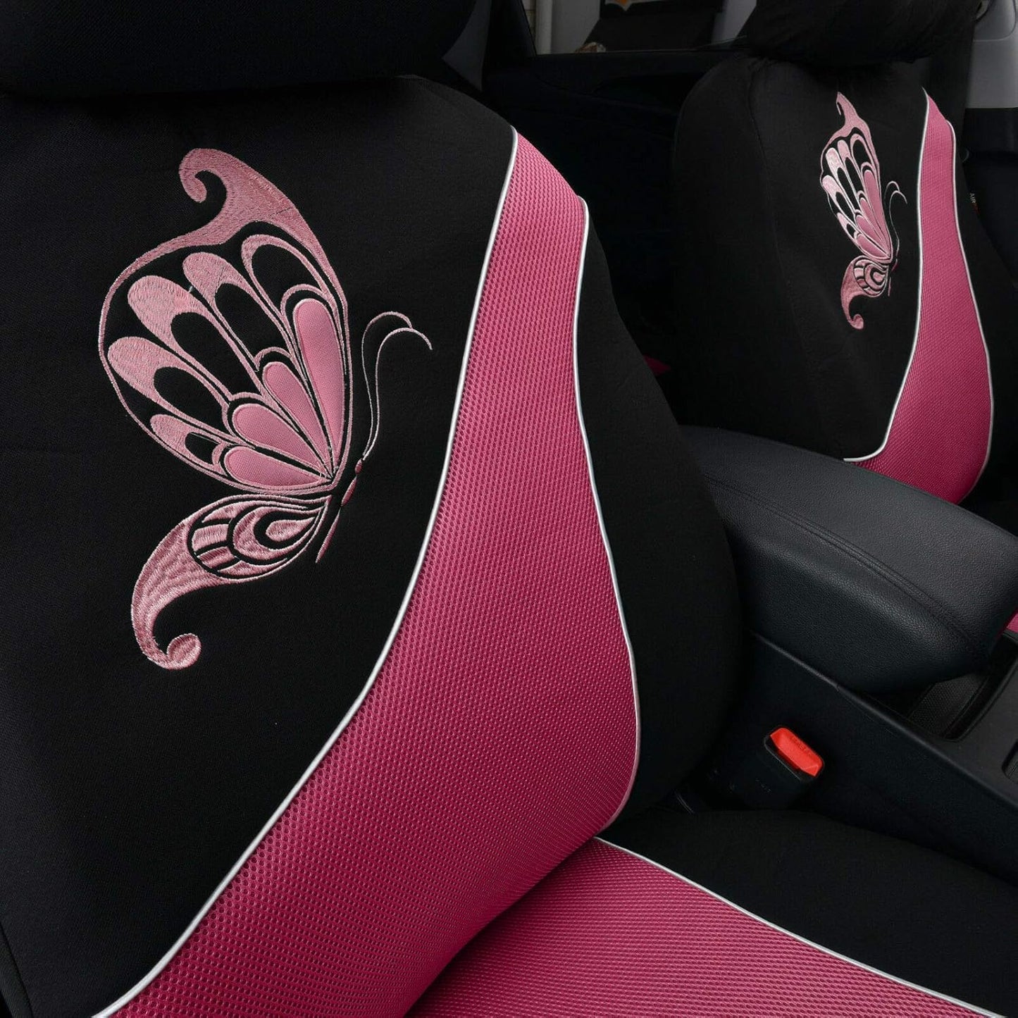 Flying Banner Car Seat Covers Full Set 11 PCS | Rear Bench with 3 Zippers | Butterfly Embroidery Stitched Mesh Black with Pink Color