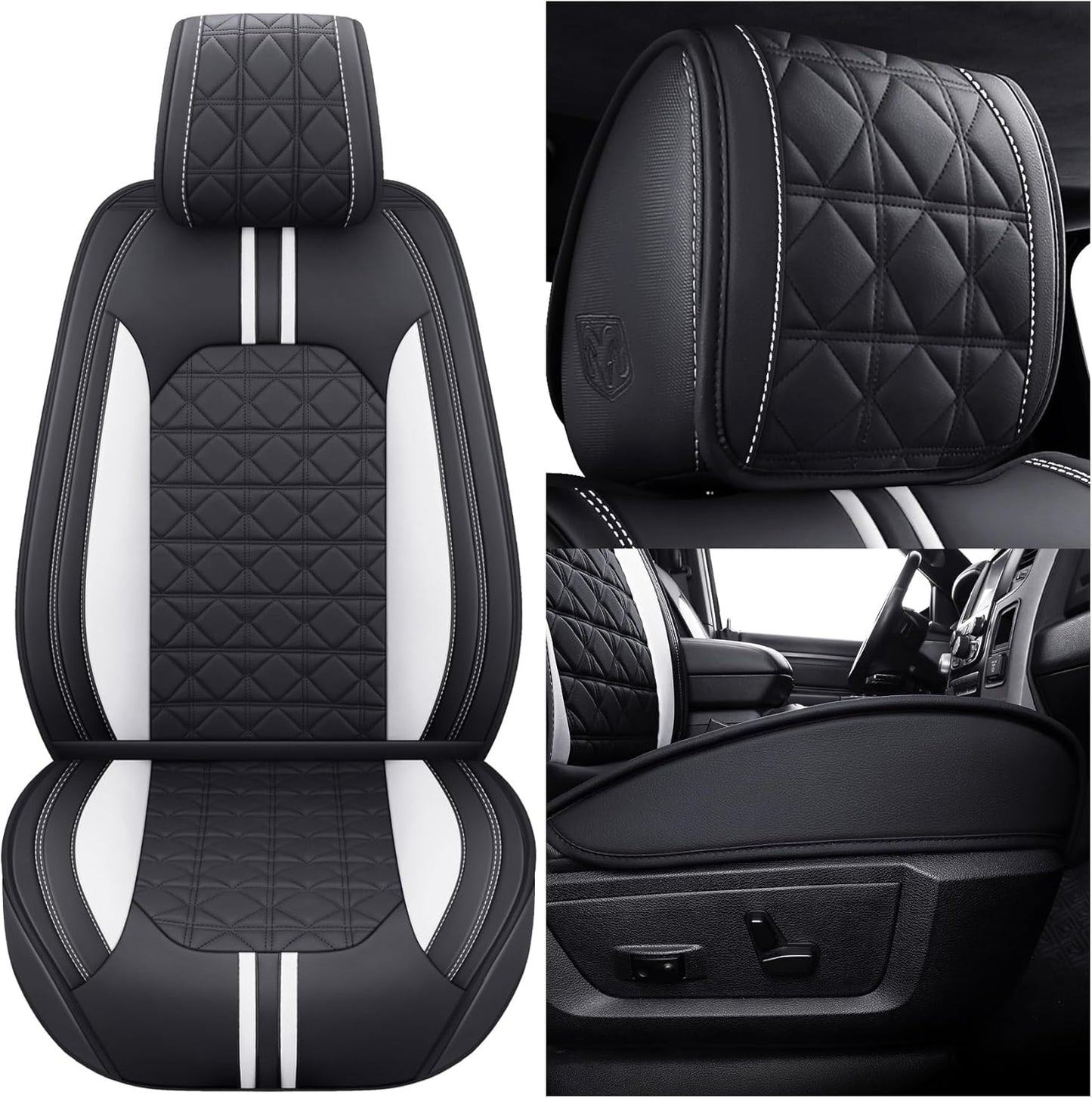 YIERTAI for Dodge RAM Seat Covers Fit 2009-2023 2024 2025 1500 2500 3500HD Crew Double Cab Quad Cab Big Long Horn Rebel Tradesman Laramie Truck Waterproof Leather TSWKM Style(2 PCS Front/Black-White)