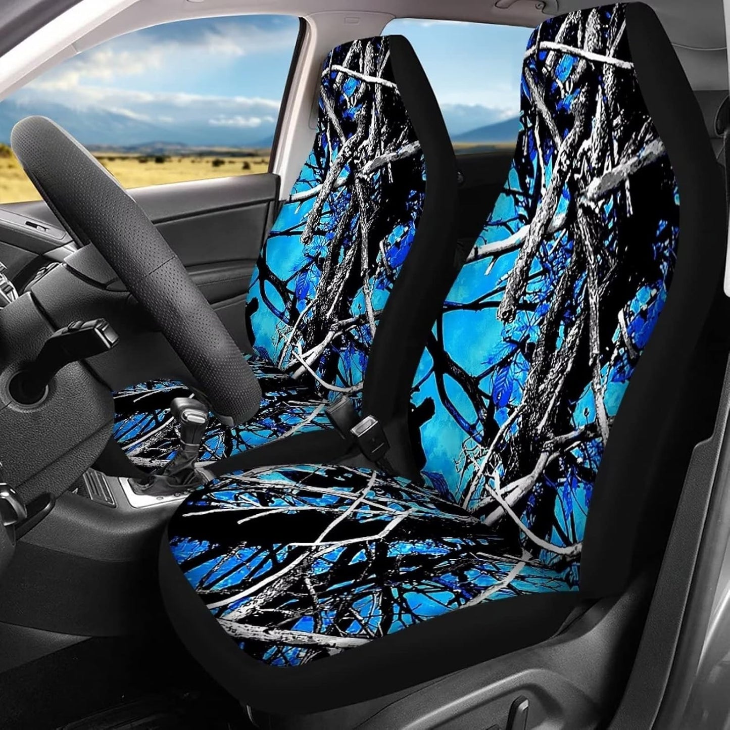 Wideasale Blue Camo Oak Hunting 12Pc Car Seat Covers Full Set/Steering Wheel Covers/Seat Belt Pads/Key Chain/Coaster/Lipstick Holder Universal Auto Accessories Interior Protector Universal Fit
