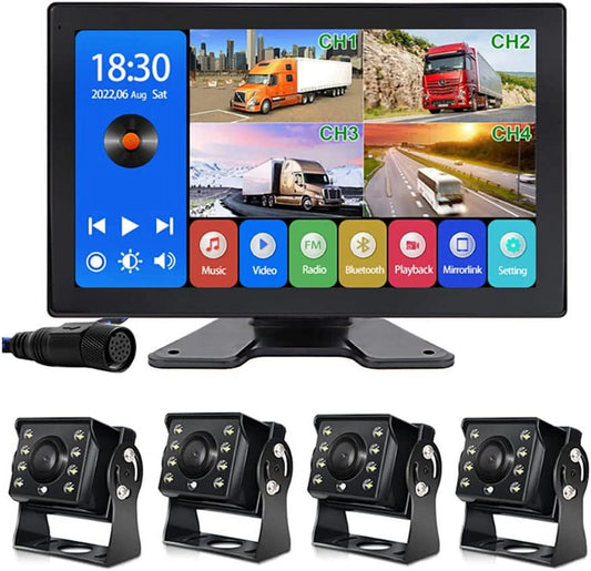THONZER 4K Car Backup Cameras System with 10.1 Touch Screen Quad Display Monitor & 4pcs 1080P Backup AHD Cameras, MP5 Player, Vehicle DVR Recorder for RV/Truck/Bus/Trailer/Camper/Van