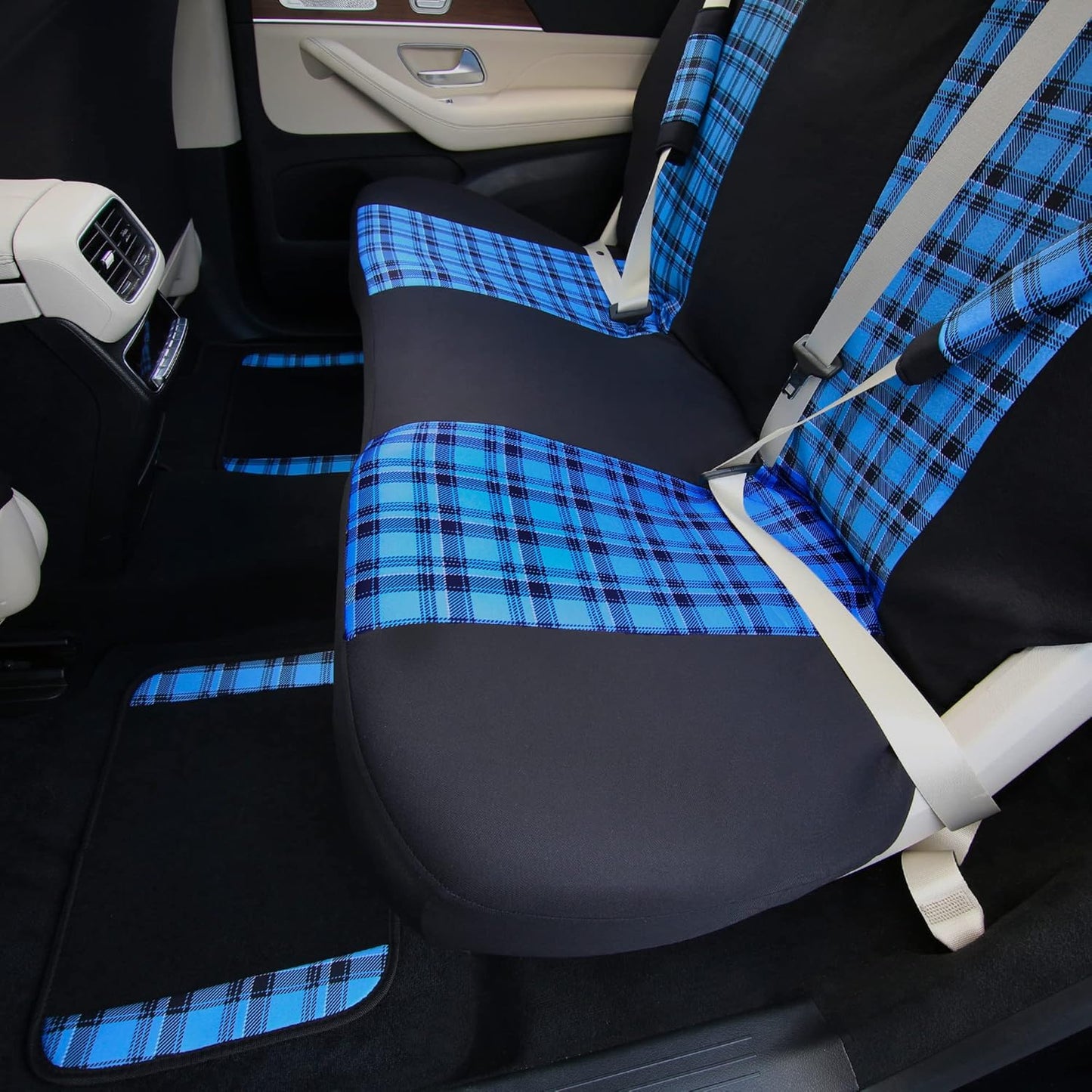FH Group Car Seat Covers Full Set Plaid Print Blue Cloth - Universal Fit Automotive Seat Covers, Low Back Front Seat Covers, Solid Back Seat Cover, Washable Car Seat Cover for SUV, Sedan, Van