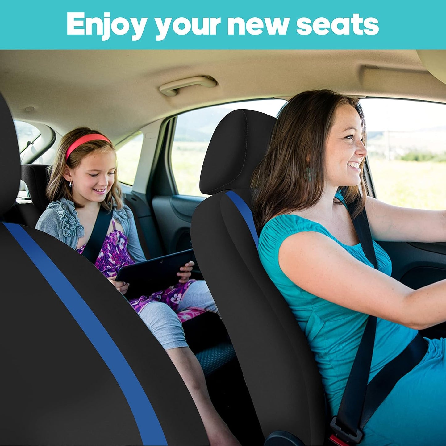 FH-FB032114 Unique Flat Cloth Seat Cover w. 4 Detachable Headrests and Solid Bench Blue/Black