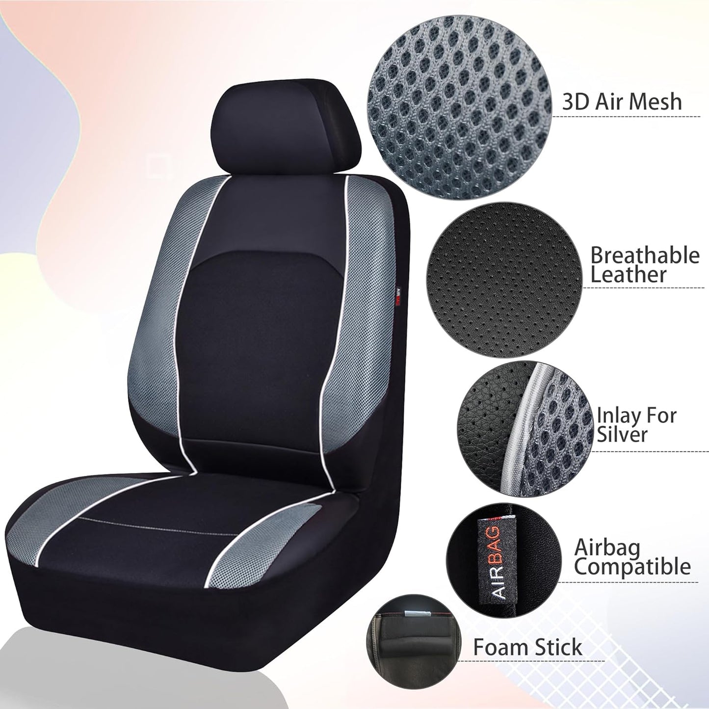 HORSE KINGDOM Universal Car Seat Covers Faux Leather with Air-mesh Breathable Aibag Compatible Fit Cars, Suvs, Sedans, Trucks (Two Front, Gray)