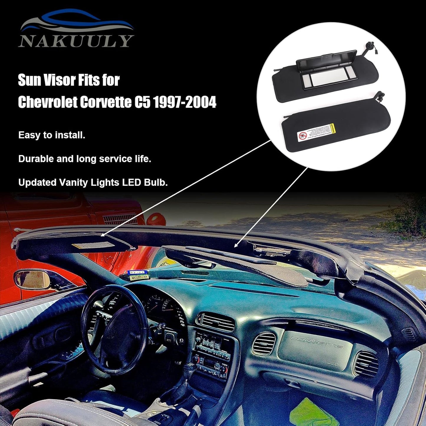 Nakuuly Sun Visor Pair with Updated LED Lighted Vanity Mirror Compatible with Corvette C5 1997-2004 Replaces 10442033 10442034 Left Driver and Right Passenger Side Black Sunvisors