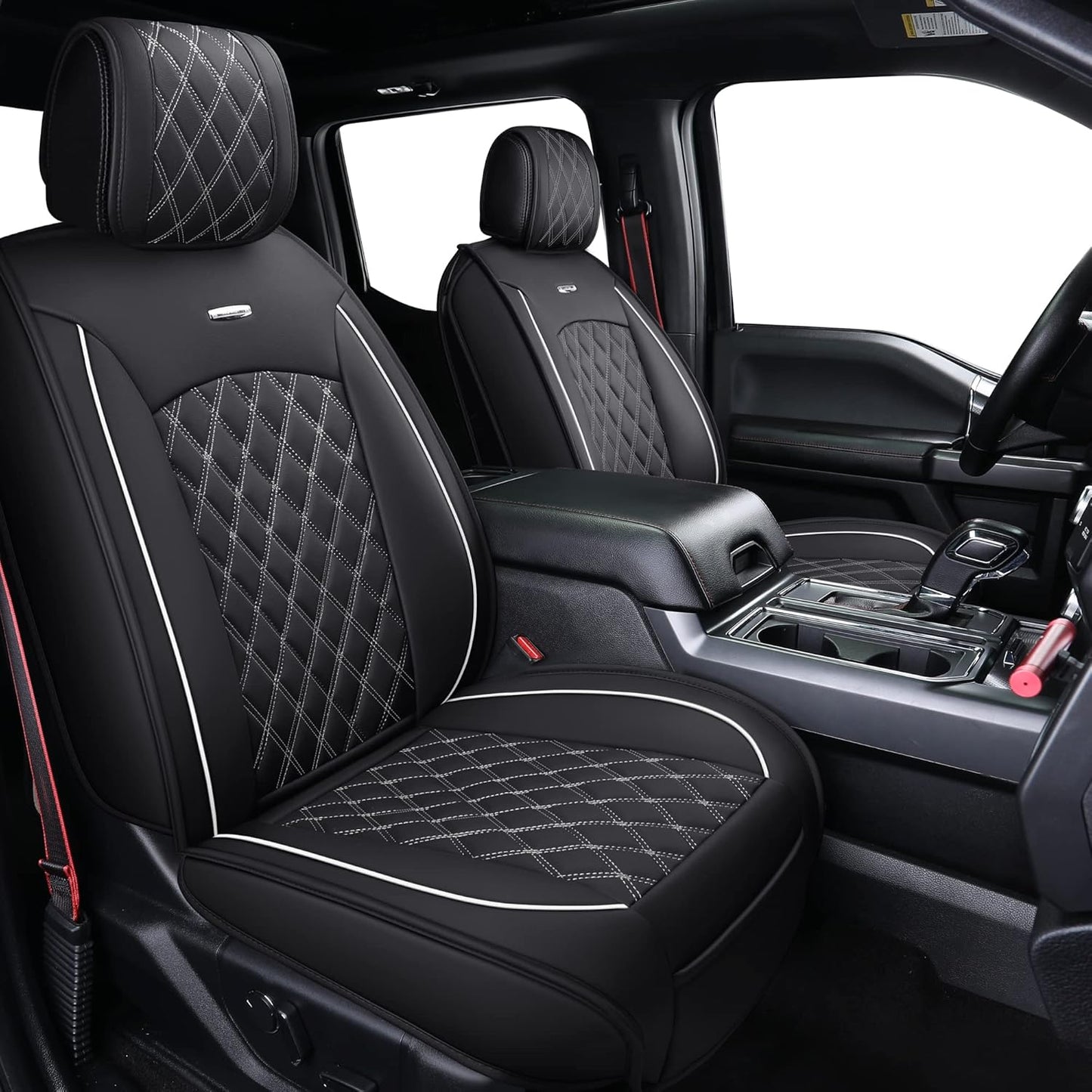 Aierxuan Front Seats Covers for Ford F150 2009-2025 Waterproof Leather Truck Pickup Custom Fit for 2017-2025 F250 F350 F450 Supercrew Regular Extended Cab(2 PCS Front, Black-White)