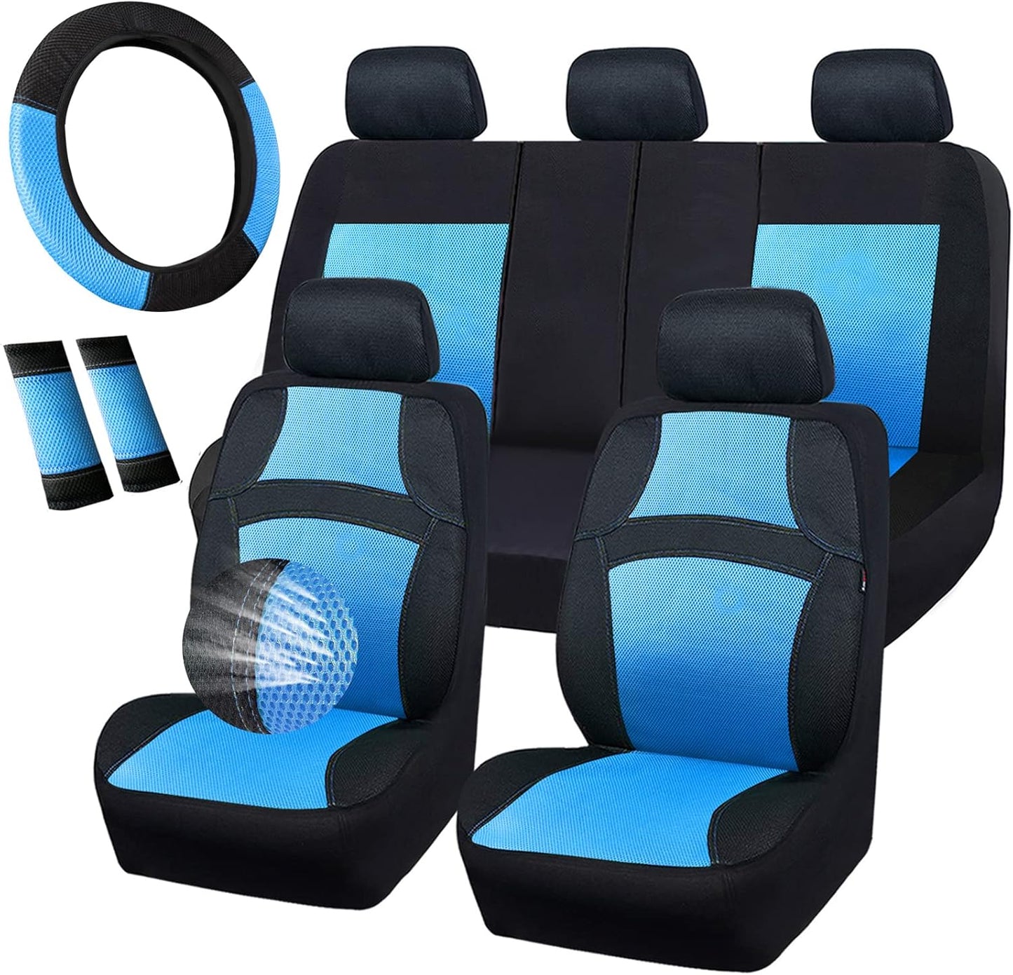 CAR PASS Universal 13PCS 3D Air Mesh-100% Breathable Seat Covers Full Sets#Steering Wheel&Belt Cover #Airbag and Rear Split Bench Compatible#for 90% Automotive SUV Truck Cute Women Black Mint