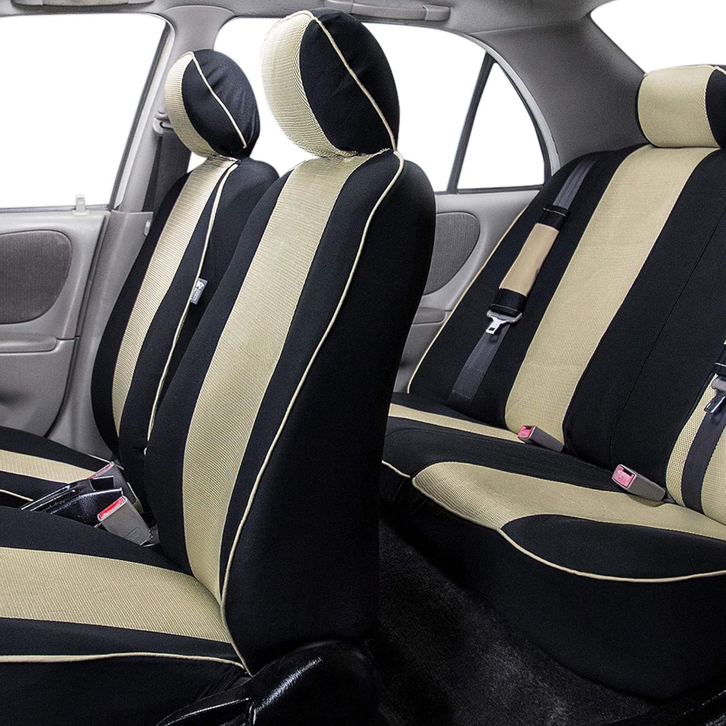 FH Group Car Seat Covers Three Row 8 Seater Cloth Car Seat Covers with Piping (Airbag and Split Ready) - Universal Fit for Cars Trucks & SUVs Beige/Black