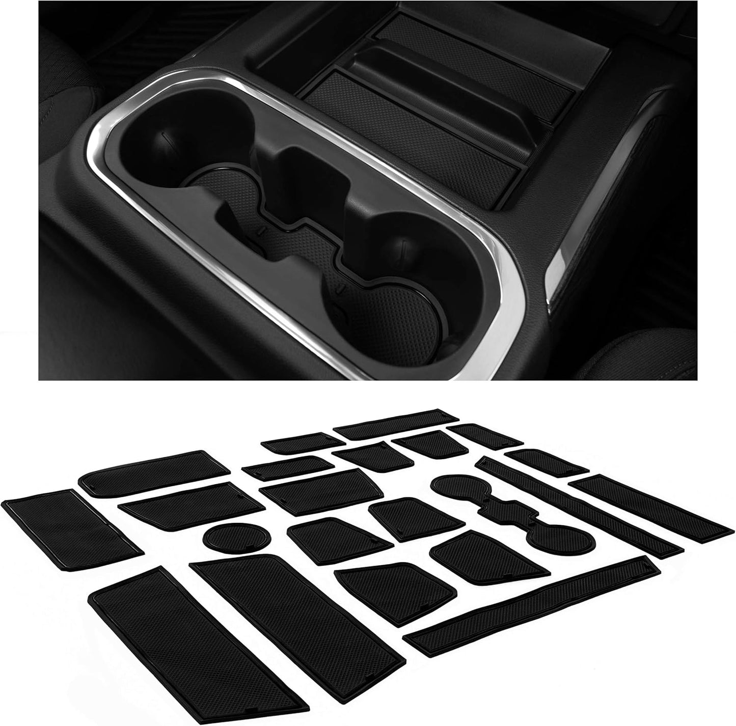 CupHolderHero fits Chevy Silverado 1500 Accessories & GMC Sierra 2014-2022 Premium Custom Interior Nonslip AntiDust Cup Holder Insert,Console Liner Mat,19pc Set (DoubleCab with BenchSeats)(Red Trim)
