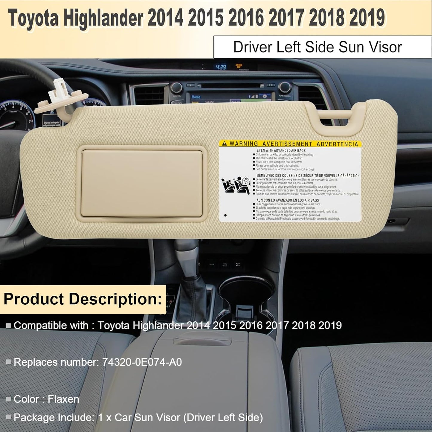 NHILES Left Driver Side Sun Visor Compatible with Toyota Highlander 2014 2015 2016 2017 2018 2019 Replaces# 74320-0E074-A0 Color Flaxen