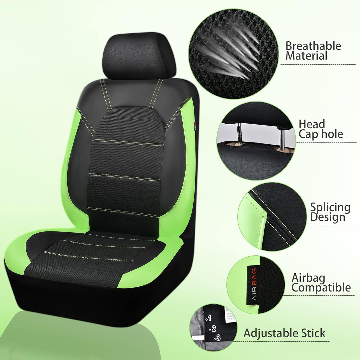 CAR PASS Leather Car Seat Covers Front Seats only, with Air Mesh Front Seat Covers Breathable, Cool Automotive Seat Covers 2 Pack, Universal Fit Most Cars,SUV,Truck,Van Airbag Compatible(Black Green)