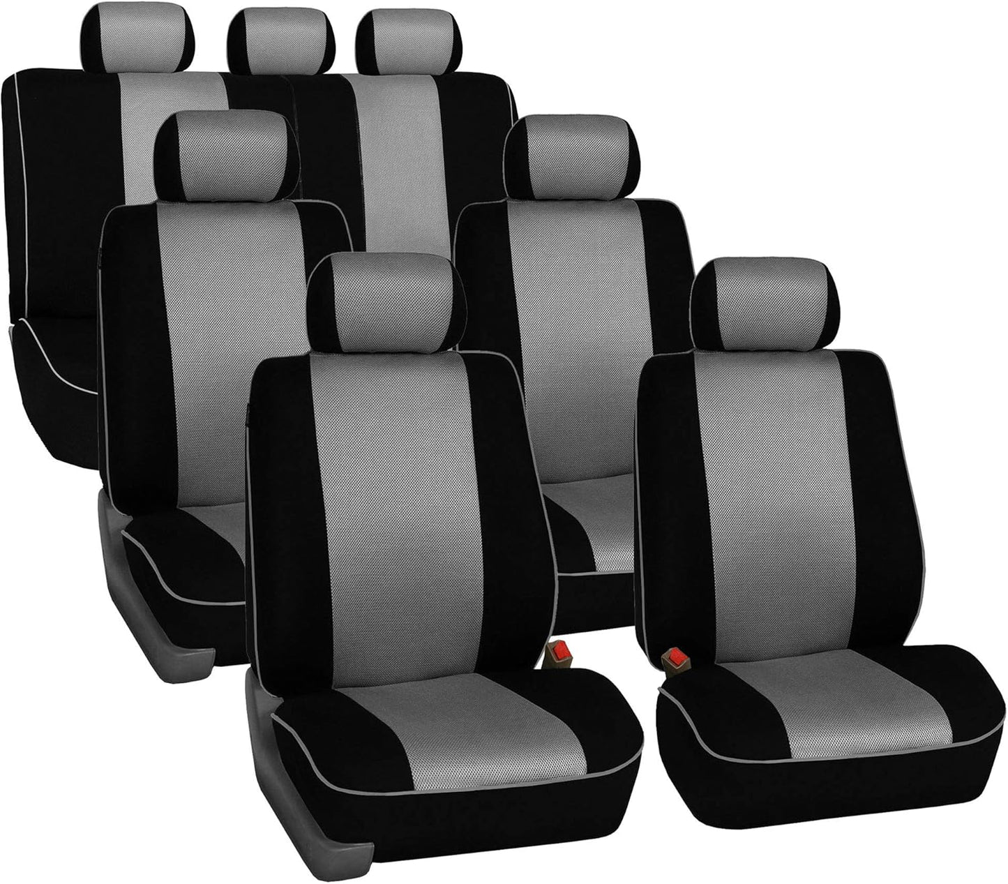 FH Group Car Seat Covers Three Row 8 Seater Cloth Car Seat Covers with Piping (Airbag and Split Ready) - Universal Fit for Cars Trucks & SUVs Beige/Black