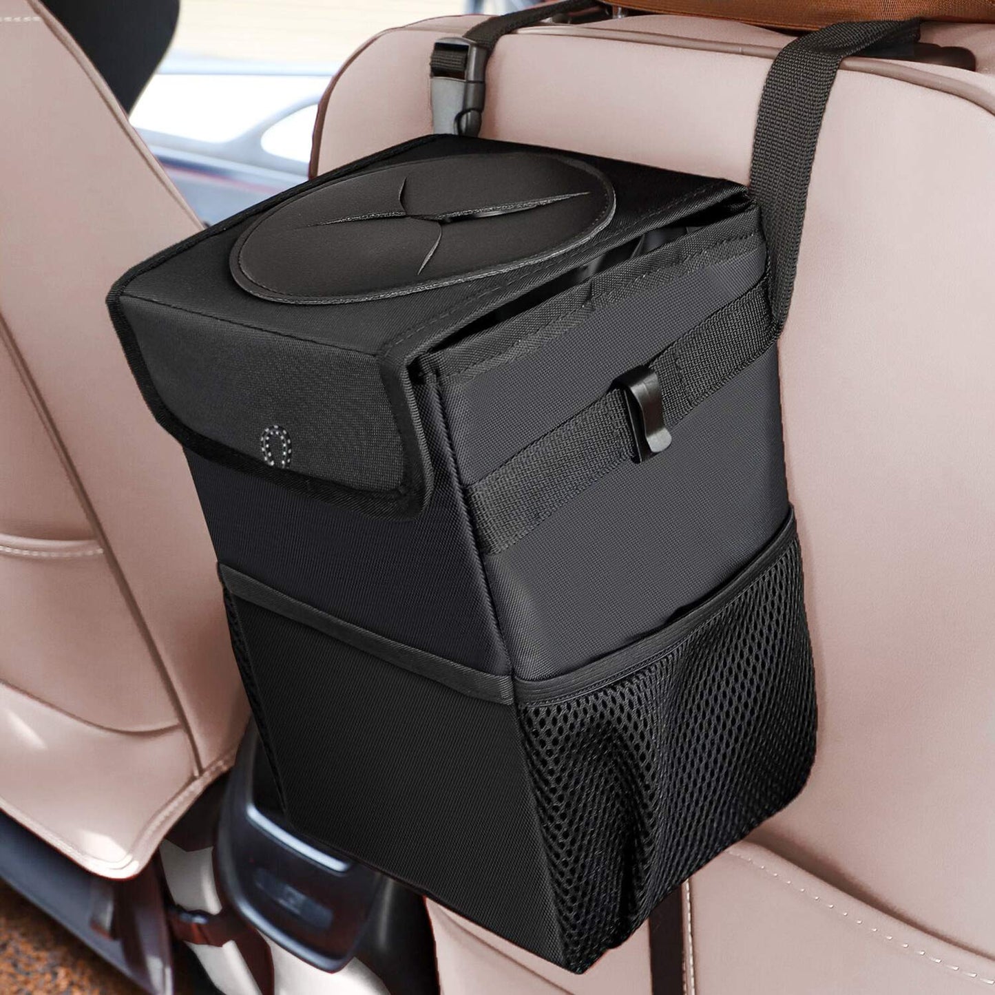 Upgraded Car Trash Can with Lid and 3 Storage Pockets, 100% Leak-Proof Car Organizer, Waterproof Car Garbage Can, Multipurpose Trash Bin for Car -Auto Car Trash Bag Black 2.4 Gallons