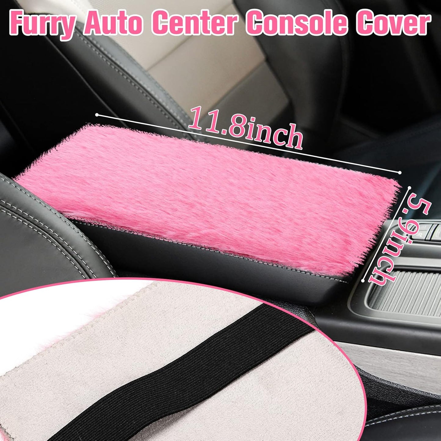 Frienda 10 Pcs Fluffy Car Steering Wheel Covers Handbrake and Gear Shift Cover Seat Belt Shoulder Pads Diamond Mat Ignition Ring Ball Key Chain Armrest Box Mat Car Accessories set(Pink)