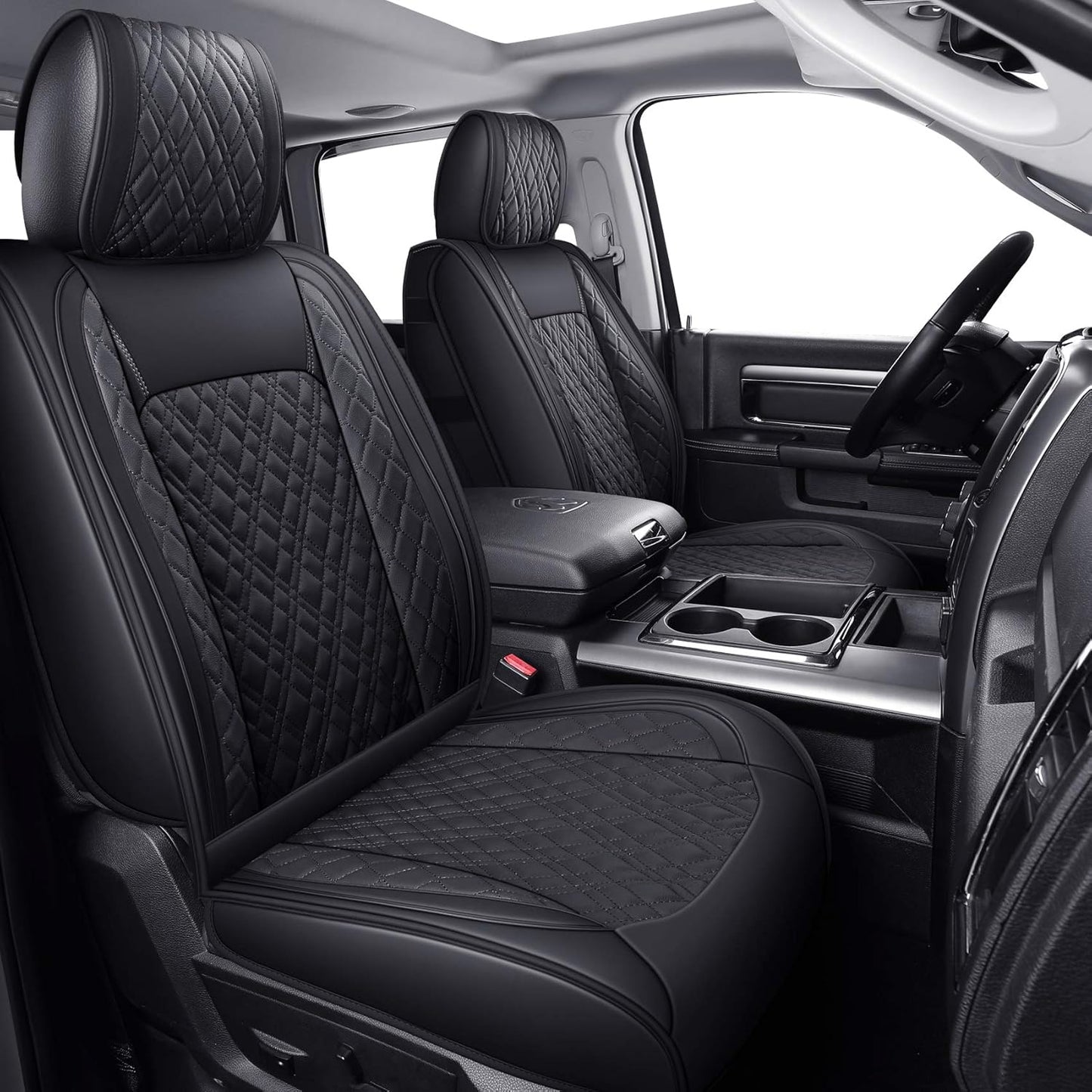 YIERTAI Car Seat Covers Compatible with Dodge Ram Custom Fit 2009-2025 1500 2500 3500 Pickup Mega Cab Limited Longhorn Laramie Bighorn Waterproof Leather Seat Protectors, 2 PCS Front Black