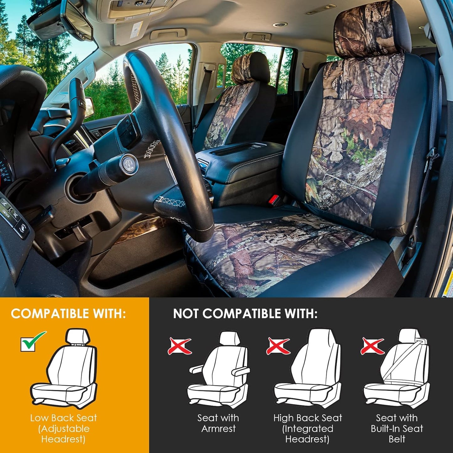 LPI Truck Mossy Oak Heavy Duty Seat Covers for Front Seats; Fits Full-Size SUV or Truck; Includes Front and Rear Storage Pockets, Built-in Molle Style Organizer; Semi-Custom Fit; 2pcs
