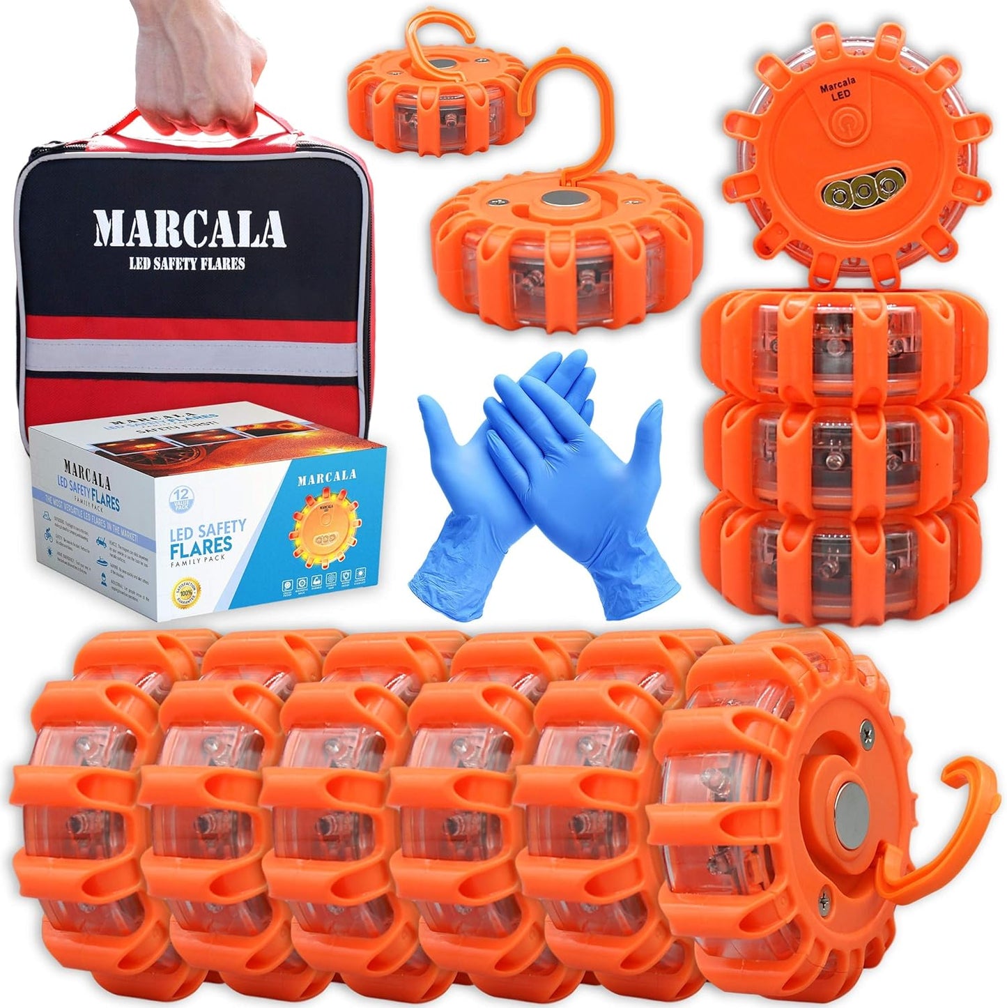 MARCALA Emergency Flares for Cars 12-Pack | Roadside Safety Discs | LED Safety Flare Emergency Lights | The only COMPLETE Safety Disc Kit w/ 2 Bonus Items! | Feel safer on the road!!