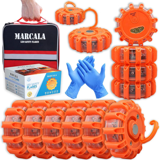 MARCALA Emergency Flares for Cars 12-Pack | Roadside Safety Discs | LED Safety Flare Emergency Lights | The only COMPLETE Safety Disc Kit w/ 2 Bonus Items! | Feel safer on the road!!