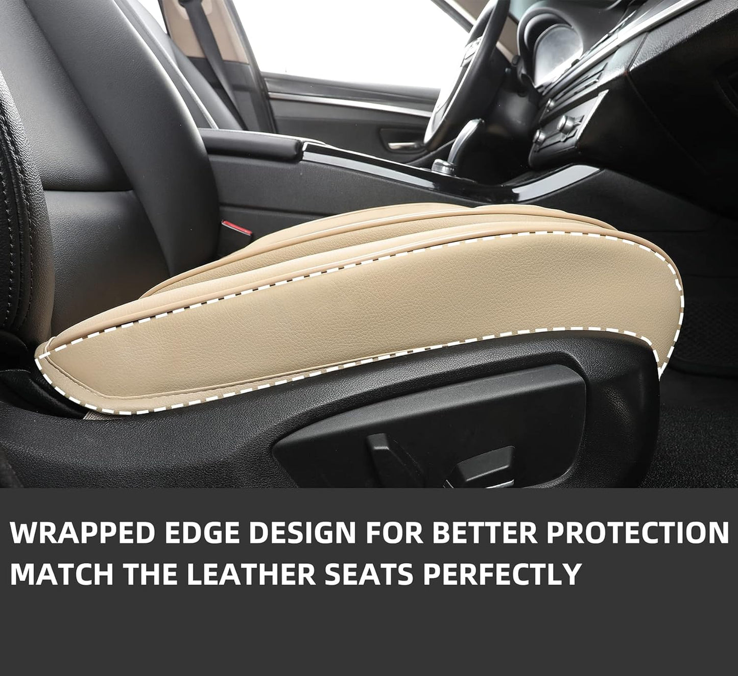 Car Seat Cover Front PU Leather Seat Covers, 2Pcs Universal Bottom Seat Covers for Cars, Anti-Slip, Storage Bags,Full Wrapping Edge Fits 95% of Vehicles(1 Pair, Beige)