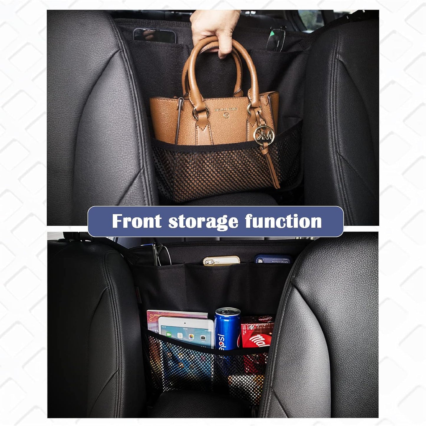 AMEIQ Car Accessories, Trash Bag Garbage Can, Recycle Bin for Rubbish Waster Litter, Organizer Storage Container Between Front Seats, Holder of Handbag Purse Umbrella Tissue, Pet Barrier, Black