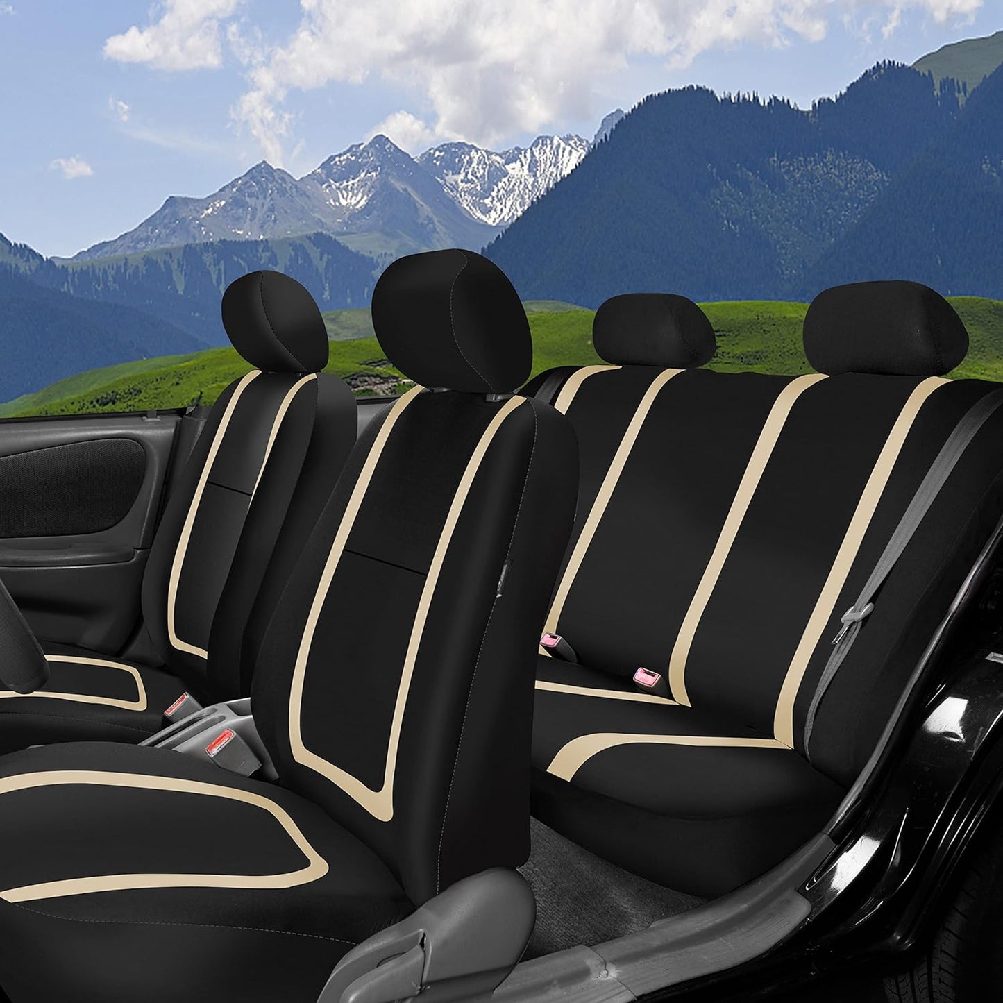 FH-FB032114 Unique Flat Cloth Seat Cover w. 4 Detachable Headrests and Solid Bench Beige/Black