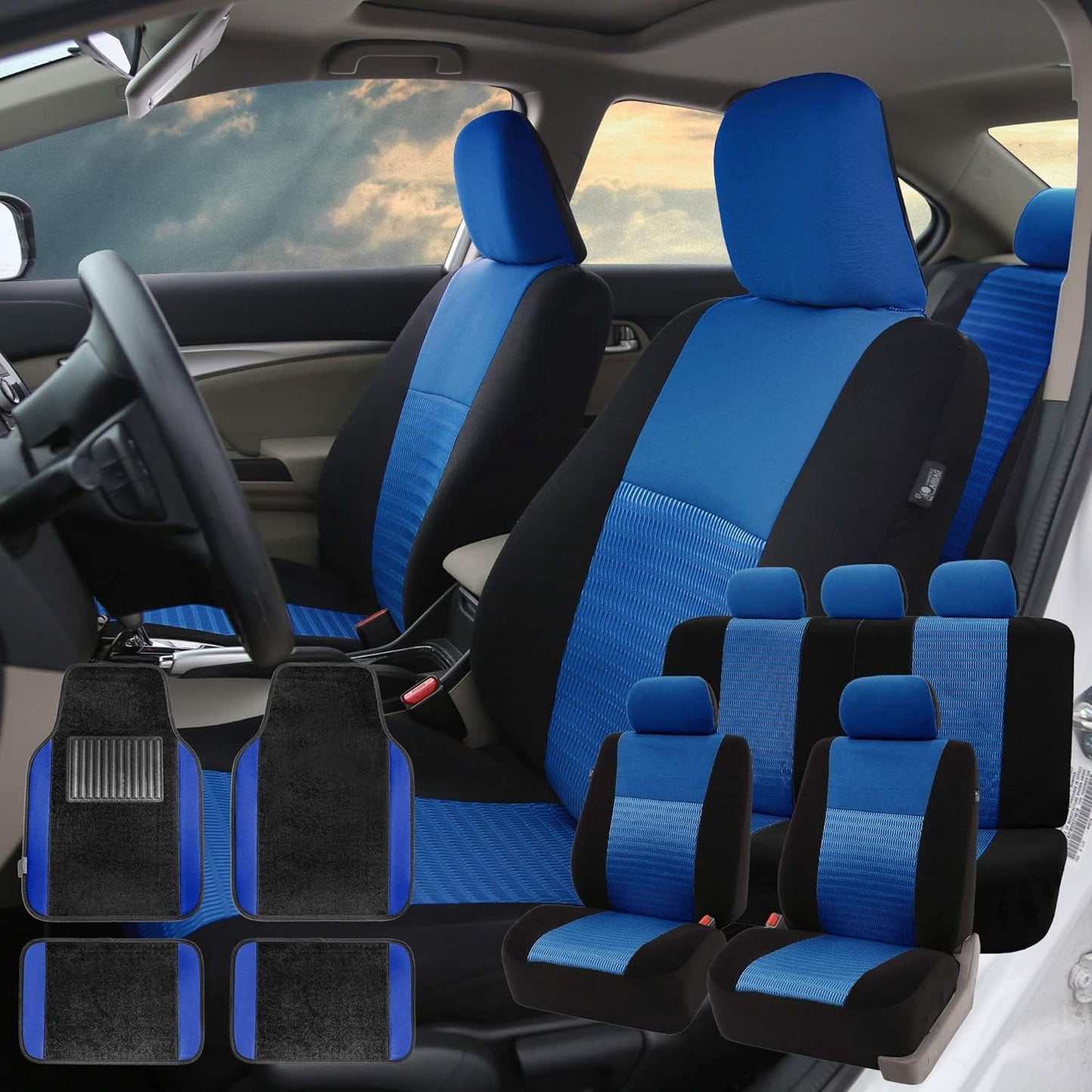 FH Group Trendy Elegance Car Seat Covers, Airbag Compatible and Split Bench w. Premium Carpet Floor Mats- Fit Most Car, Truck, SUV, or Van (Red/Black) FB060115