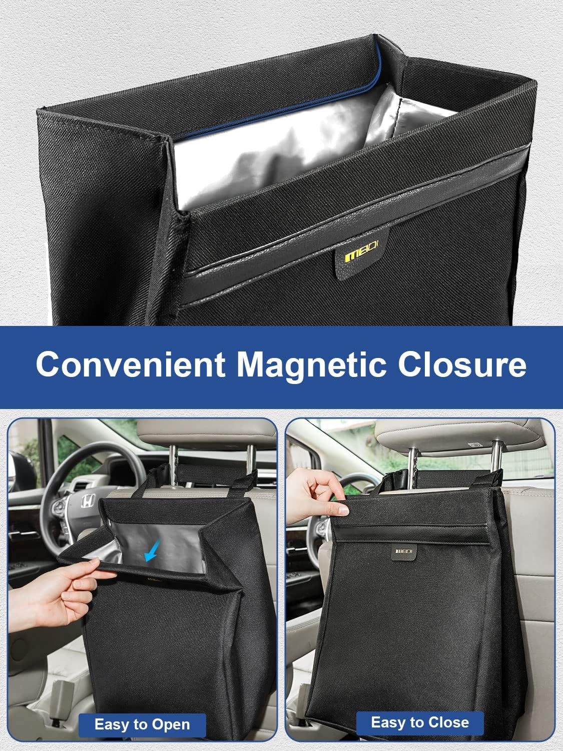 MEIDI Hanging Car Trash Bag, Leakproof Car Trash Can, Magnetic Car Garbage Organizer with Plastic Bags (2 Gallons-Black)