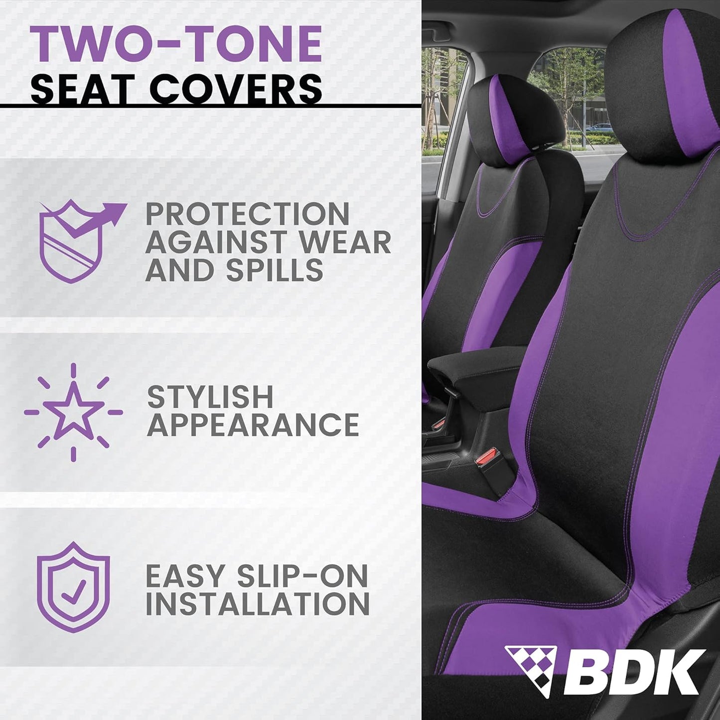 BDK UltraSleek Purple Seat Covers for Cars, Two-Tone Front Seat Covers with Matching Back Car Seat Cover, Made to Fit Most Auto Truck Van SUV, Interior Car Accessories, Full Set