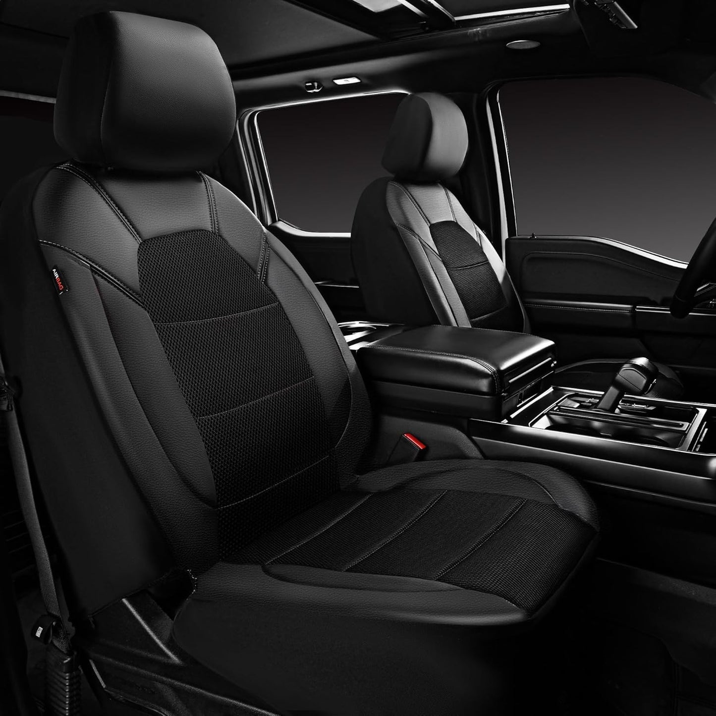 CAR PASS Leather Car Seat Covers Front Seats only, with Air Mesh Front Seat Covers Breathable, Cool Automotive Seat Covers 2 Pack, Universal Fit Most Cars,SUV,Truck,Van Airbag Compatible(Black Green)