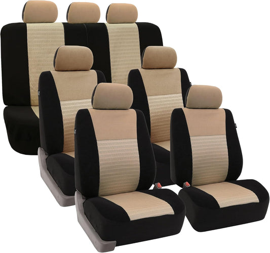 FH Group Car Seat Covers Three Row Set 7 Headrest Covers Car Accessories Universal Fit, Trendy Elegance 3D Air Mesh Airbag Compatible and Split Ready Beige Interior Accessories for Cars Trucks SUV