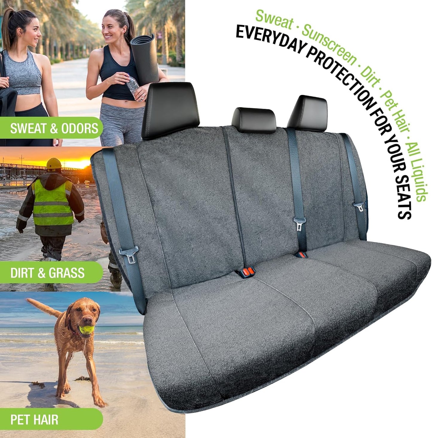 Season Guard Back Seat Towel Seat Cover for Cars; Great for After Gym Workouts, Dogs, and Outdoor Activities; Universal Fit for Cars SUVs Vans Trucks, EZ fit, Non Slip Grip, Grey