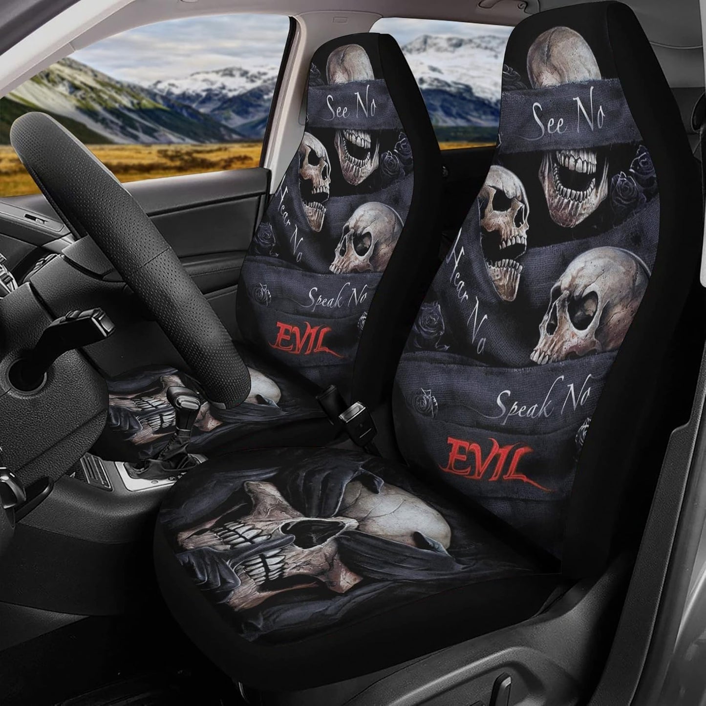 No See no Hear no Speak Evils Skull car seat Cover car mat, Gothic Skull car seat Cover mats, Halloween Evils Skull car Protector Cover mat (2 pcs Front seat Covers)