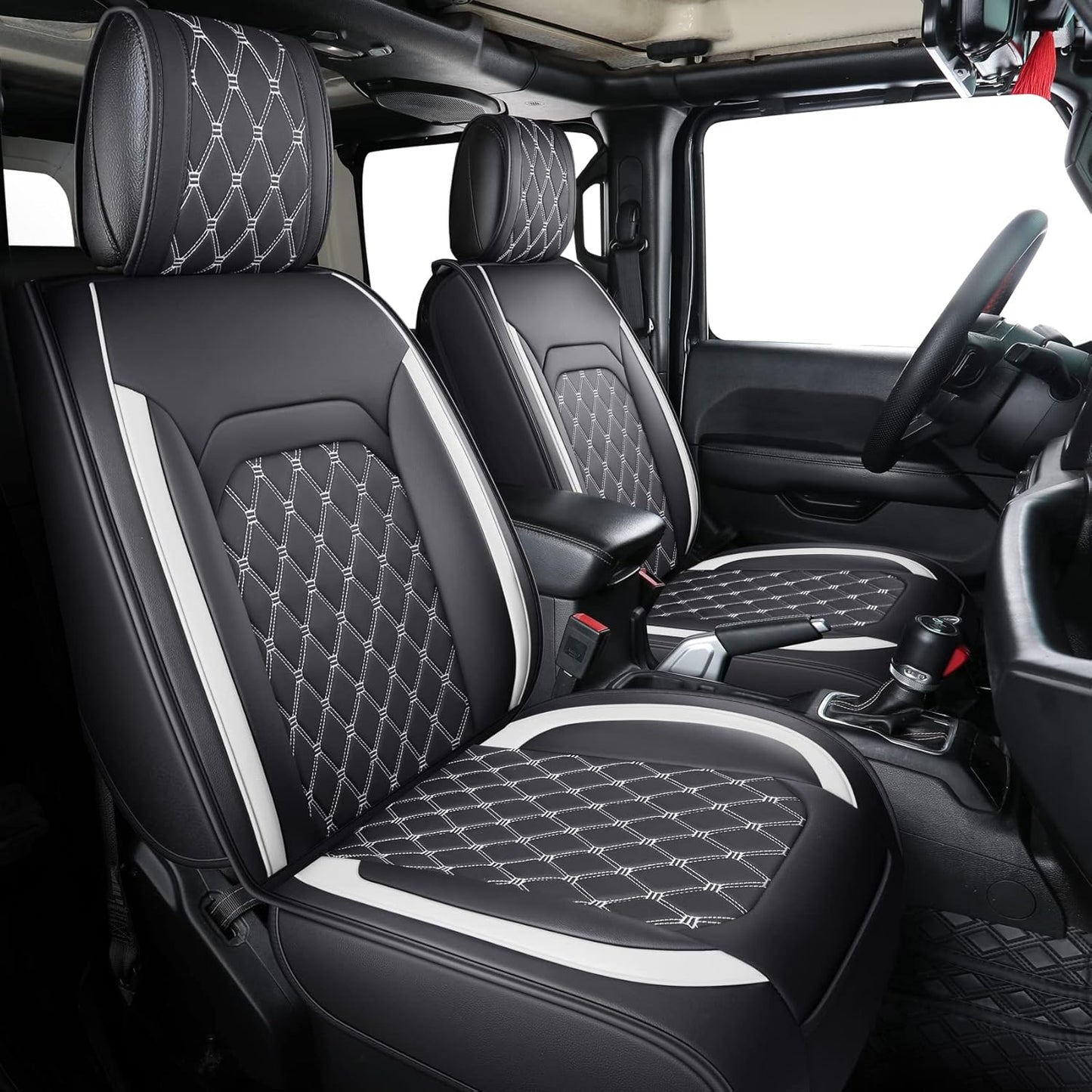 Aierxuan Front Seat Covers Compatible with Jeep Wrangler JK JL Custom Fit 2007-2025 2/4 Door Sahara Willys Sport High Altitude Unlimited Truck Pickup Waterproof Leather(2 PCS Front, Black-White)
