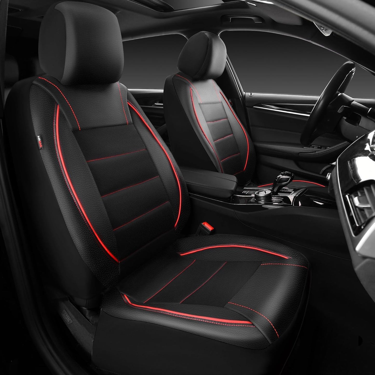 CAR PASS Universal FIT Piping Leather Car Seat Cover, for suvs,Van,Trucks,Airbag Compatible,Inside Zipper Design and Reserved Opening Holes (Full seat Covers, Black and Beige)