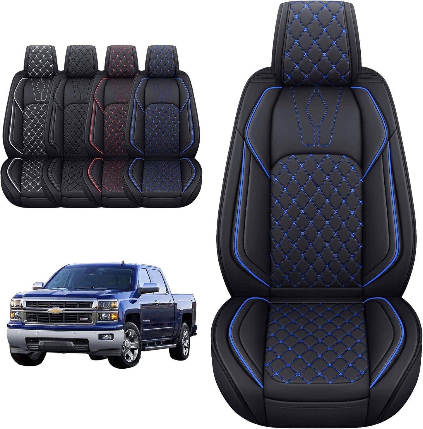 YIERTAI Chevy Silverado GMC Sierra Seat Covers Custom Fit 2007-2025 1500 2500 3500 HD Pickup Truck Crew Double Cab Waterproof Leather Front Car Cushions(2 PCS Front, Black-White)