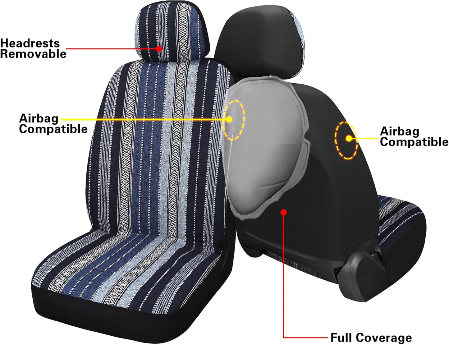 VarCozy Baja Saddle Blanket Seat Covers, Front Seat Covers for Sedan, SUV, Truck, Universal Stripe Colorful Woven Automotive Seat Cover, Breathable, Washable, Airbag Compatible