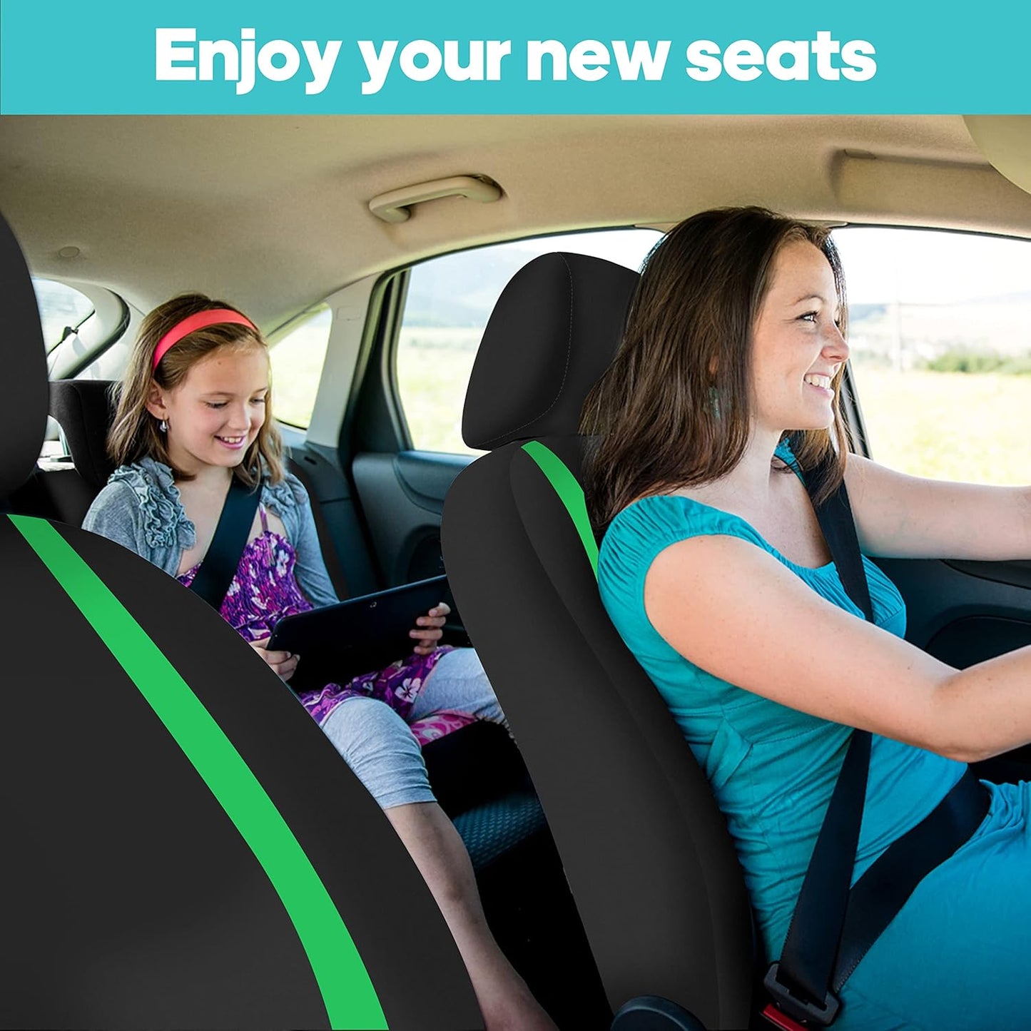 FH Group Car Seat Covers Full Set Cloth-Universal Fit Automotive Seat Covers, Low Back Front Seat Covers, Solid Back Seat Cover, Washable Car Seat Cover for SUV, Sedan and Van Green