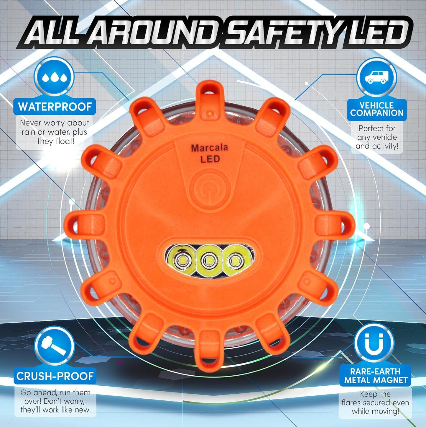 MARCALA Emergency Flares for Cars 12-Pack | Roadside Safety Discs | LED Safety Flare Emergency Lights | The only COMPLETE Safety Disc Kit w/ 2 Bonus Items! | Feel safer on the road!!