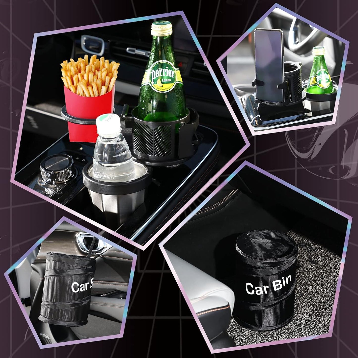 Frienda Car Cup Holder Expander for Car with Cell Phone Stand, Multifunctional Car Cup Holder Adapter for Multiple Cups and Bottles Trash Can Portable Garbage Bin Collapsible, Black