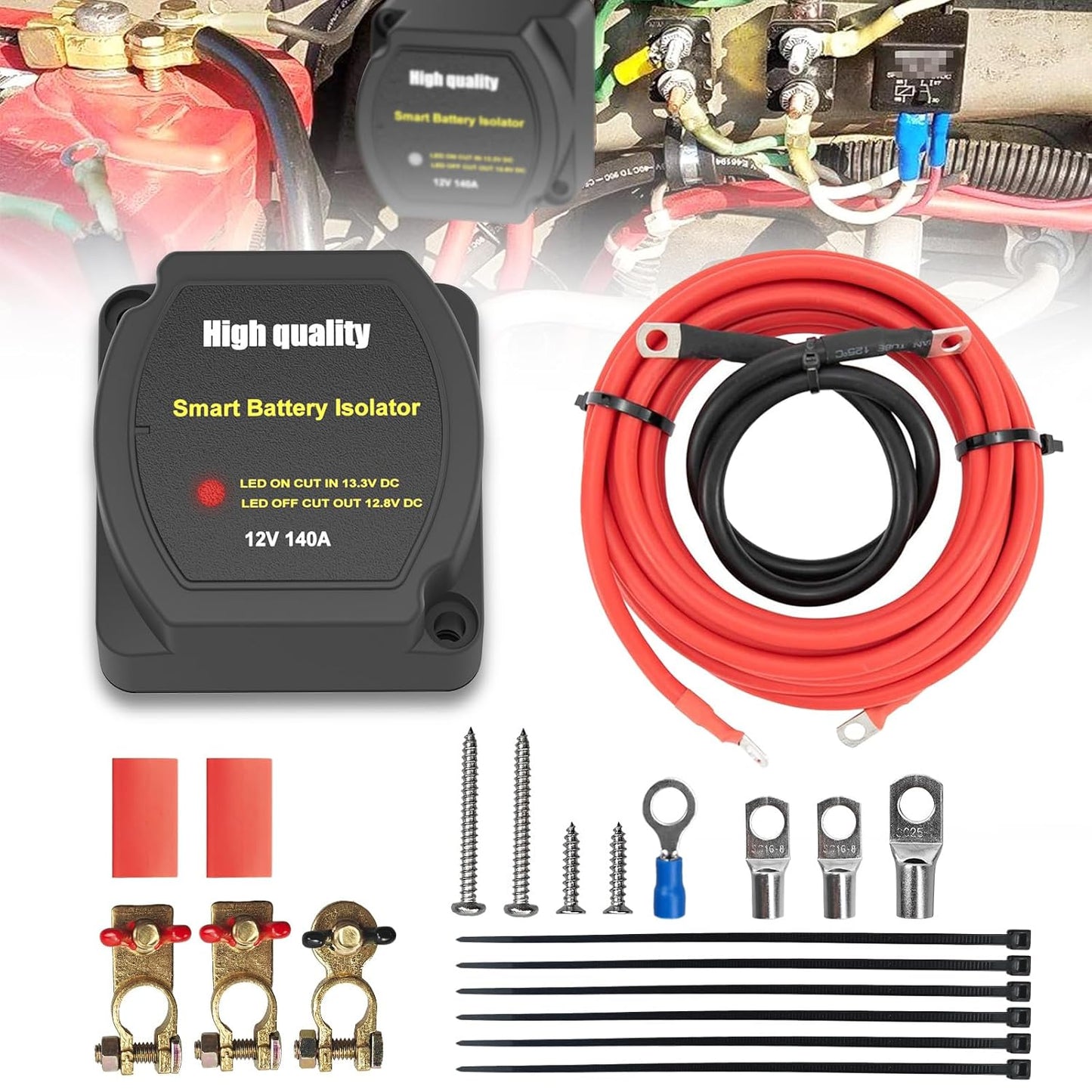 6M Dual Battery Isolator Kit 12V 140Amp, Voltage Sensitive Relay VSR,Compatible with RV Marine Car Vehicles Truck Caravan Off-Road Camper Yacht, Not Fit for Lithium Batteries