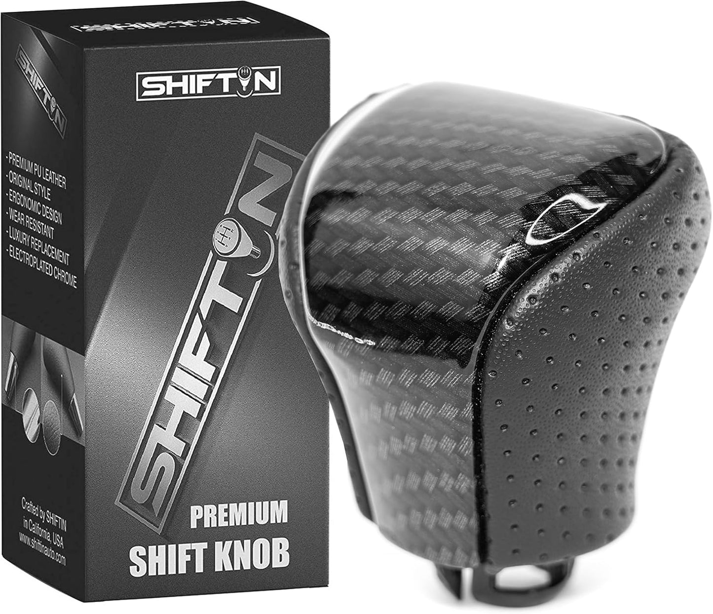 SHIFTIN Leather & Carbon Fiber Wood Trim Gear Shift Knob Gearbox Shifter for Lexus LS460 F-Sport LS-460-L LS600 LS-600h-L and Fits Lexus LX570 LX 570 (Black Leather / Carbon Fiber Pattern)