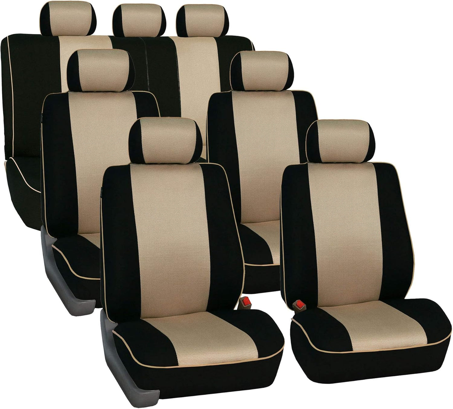 FH Group Car Seat Covers Three Row 8 Seater Cloth Car Seat Covers with Piping (Airbag and Split Ready) - Universal Fit for Cars Trucks & SUVs Beige/Black