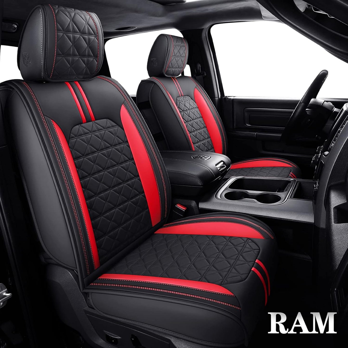 YIERTAI for Dodge RAM Seat Covers Fit 2009-2023 2024 2025 1500 2500 3500HD Crew Double Cab Quad Cab Big Long Horn Rebel Tradesman Laramie Truck Waterproof Leather TSWKM Style(2 PCS Front/Black-White)
