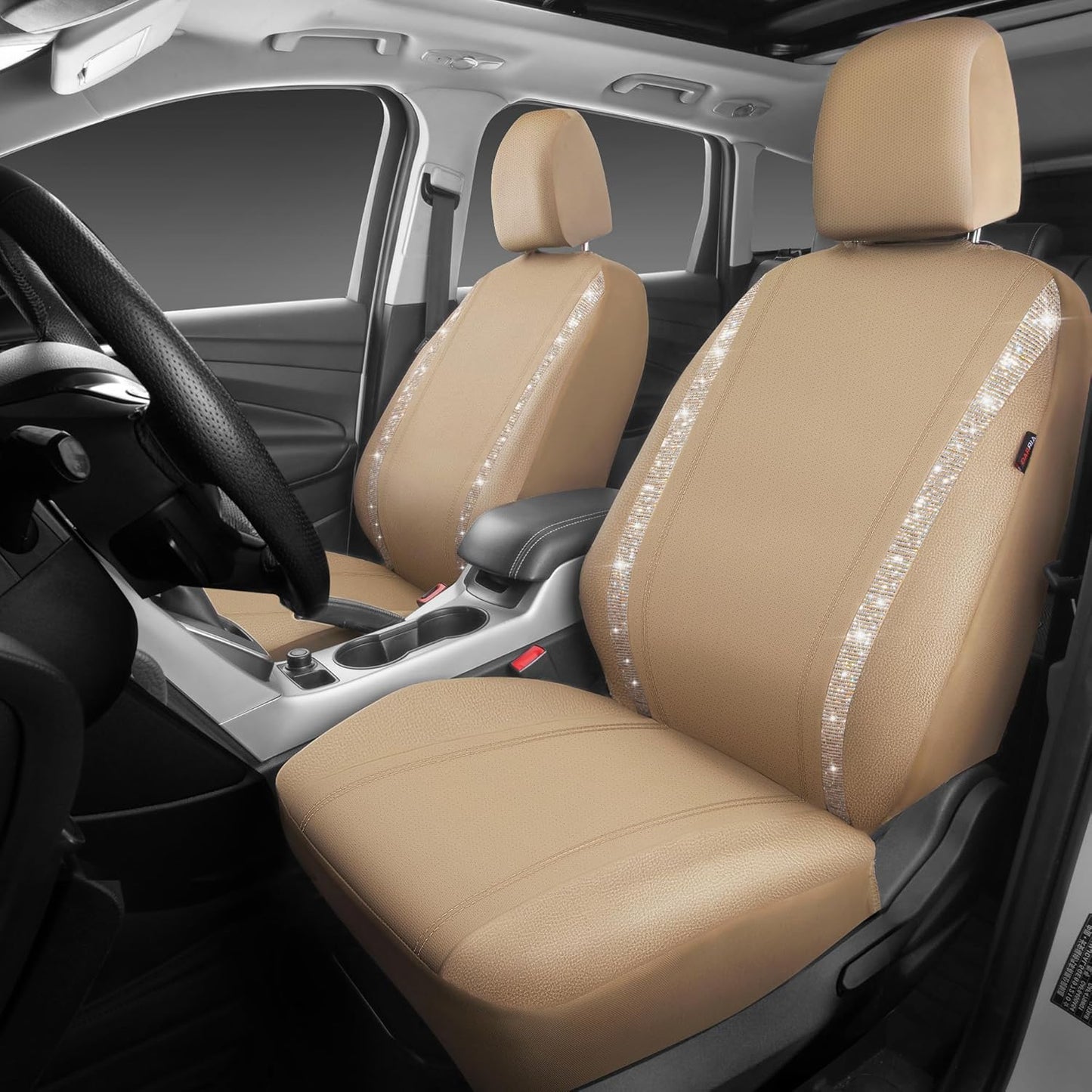 CAR PASS Leather Diamond Bling Car Seat Covers 2 Front Interior Sets, Waterproof Universal Shining Glitter Crystal Sparkle Fit for 95% Automotive Truck SUV Cute Women Girl, Beige Rhinestone