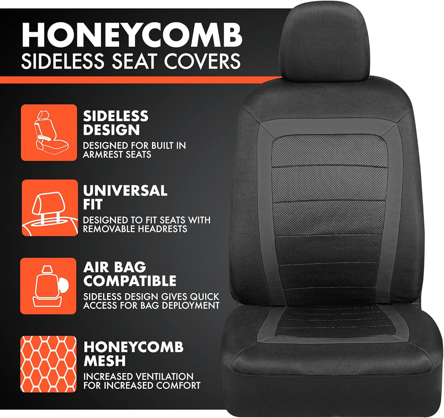 carXS FreshMesh Car Seat Covers Full Set with Charcoal Accent – Mesh Front Seat Covers with Split Bench Back Seat Protector, Interior Covers for Auto Truck Van SUV