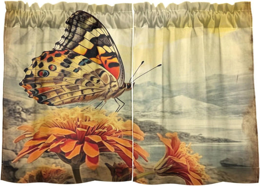 FREEAMG 36 Inch Length Kitchen Curtains Vintage Flowers Butterfly 2 Panels Half Window Sheer Curtains Rod Pocket Farmhouse Short Drapes for Bathroom Cafe Basement