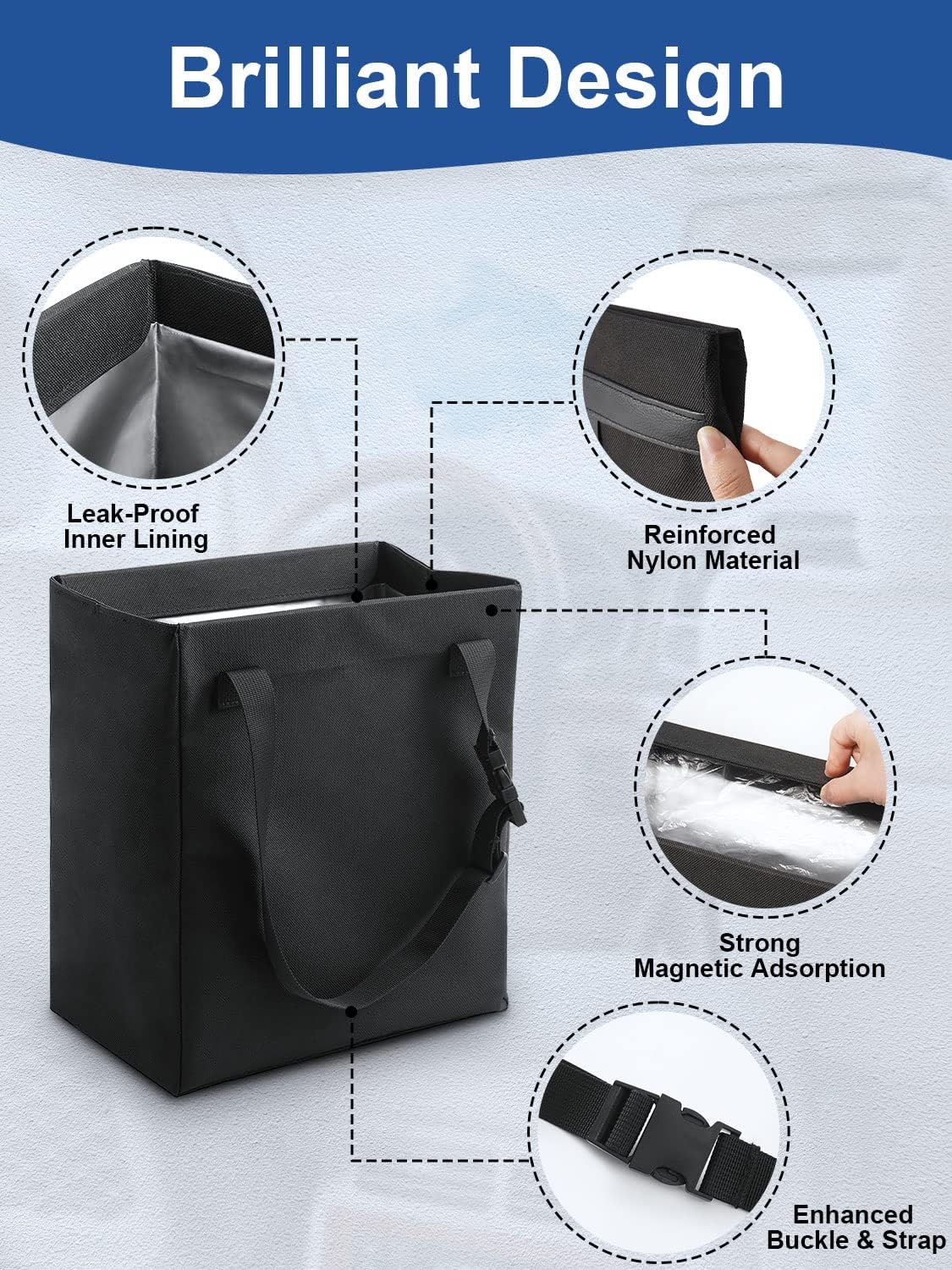 MEIDI Hanging Car Trash Bag, Leakproof Car Trash Can, Magnetic Car Garbage Organizer with Plastic Bags (2 Gallons-Black)
