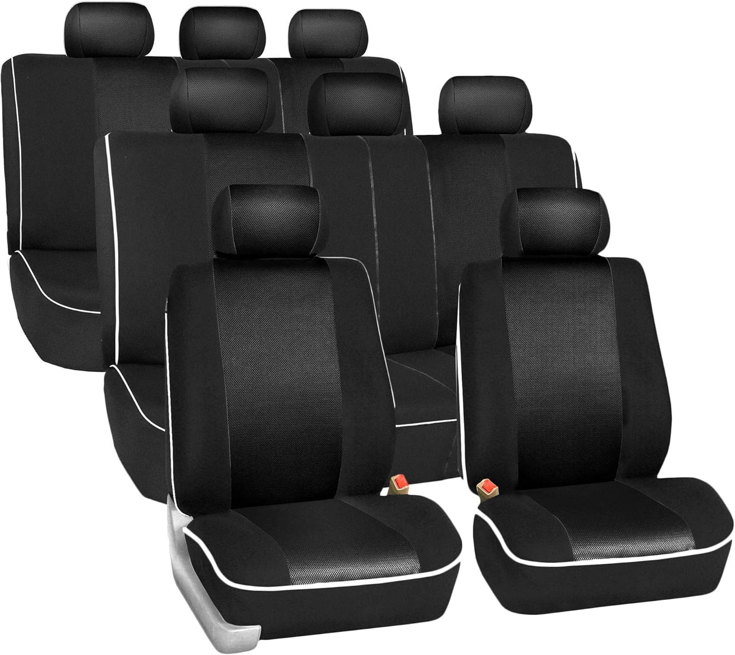 FH Group Car Seat Covers Three Row 8 Seater Cloth Car Seat Covers with Piping (Airbag and Split Ready) - Universal Fit for Cars Trucks & SUVs Beige/Black