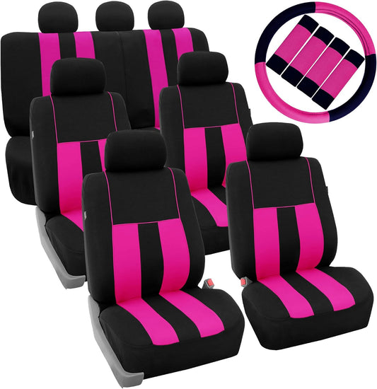FH Group Three Row 7 Seater Combo Set Striking Striped Car Seat Covers with Steering Wheel Cover and Seat Belt Pads - Universal Fit for Most Cars, Trucks, SUVs or Vans Pink/Black