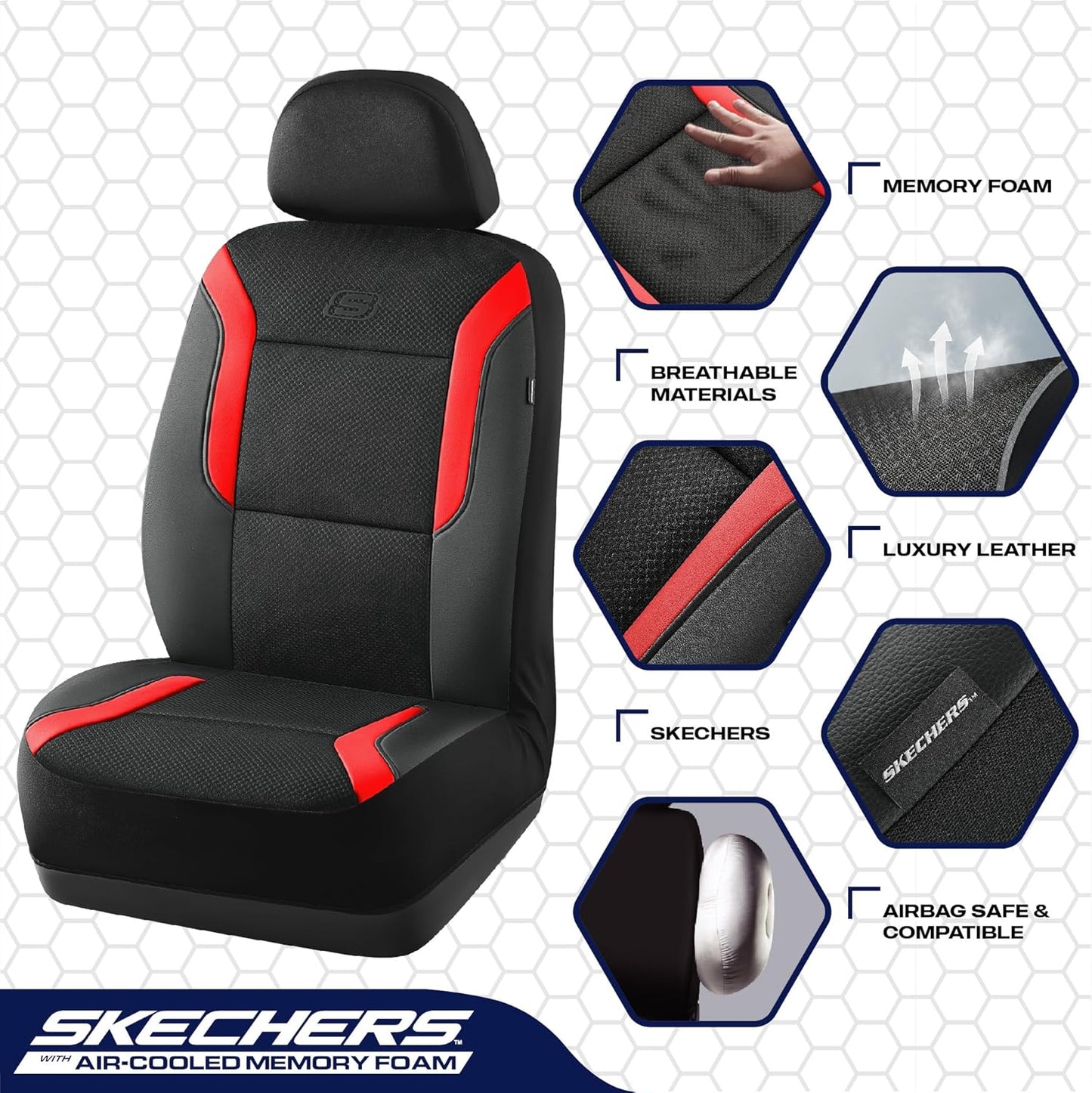 Skechers Memory Foam Car Seat Covers, Air Cool Mesh Thick Seat Covers, Slip-ins Front Seat Cover, Airbag Compatible, Automotive Comfort & Protection for Most Cars,Vans,Trucks, SUVs,Red