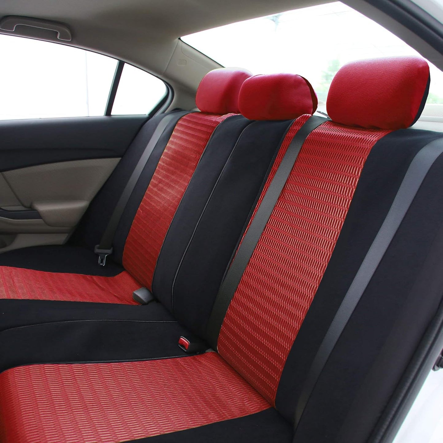 FH Group Trendy Elegance Car Seat Covers, Airbag Compatible and Split Bench w. Premium Carpet Floor Mats- Fit Most Car, Truck, SUV, or Van (Red/Black) FB060115